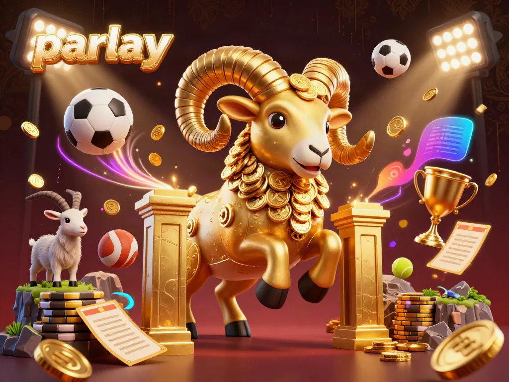 Experience parlay bets with dynamic sports elements and a massive golden ram charging through a casino gateway.