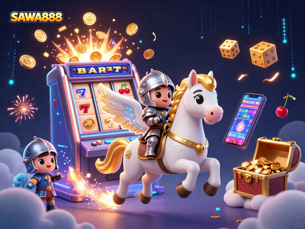 Experience the magic of SAWA888 with a celestial horse and knight, amidst flying casino symbols.