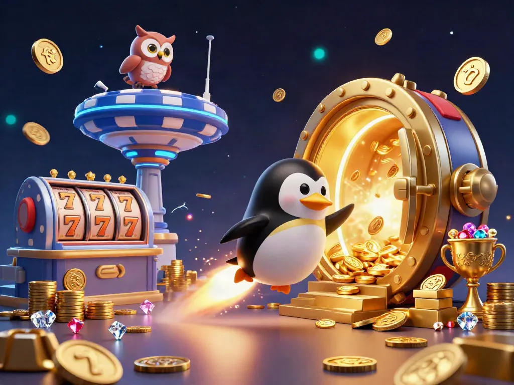 Spin the reels with winning303 in a vibrant 3D casino scene featuring a cartoon penguin and cosmic gameplay elements.