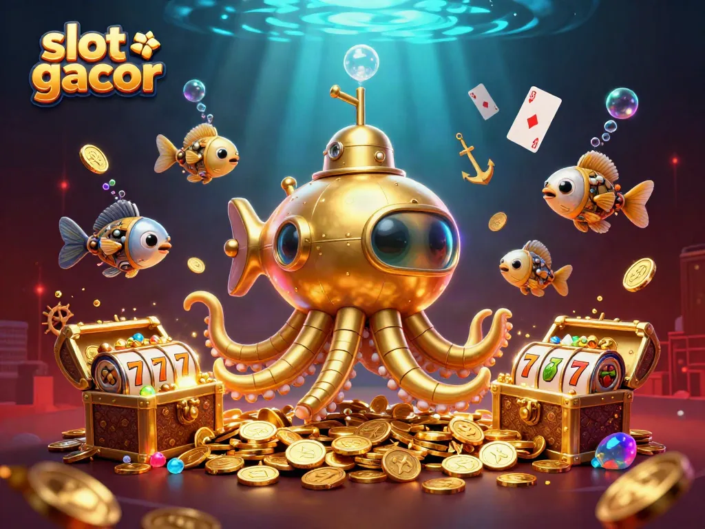 Experience the excitement of slot gacor with this vibrant underwater 3D illustration featuring unique casino elements.