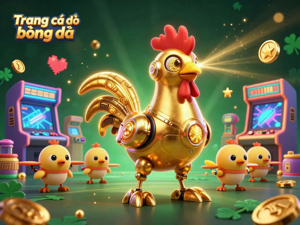 Engage with Trang cá độ bóng đá as a dynamic golden rooster robot and baby chick drones create an exciting betting atmosphere.
