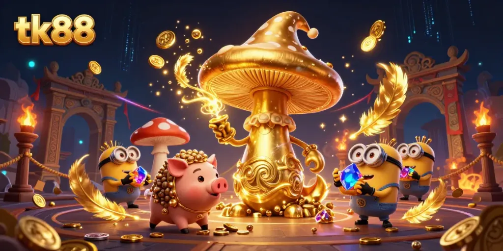 Engage with the magical world of tk88 as a golden mushroom wizard and truffle pig uncover treasures in a stunning casino landscape.