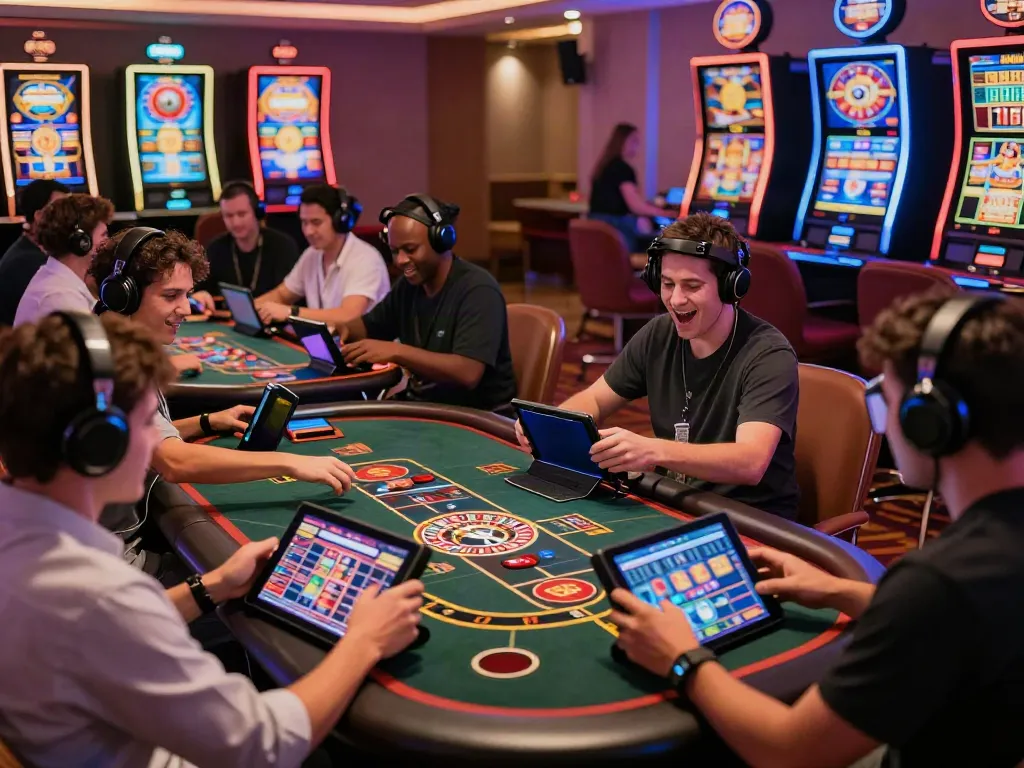 Casino Bonus ohne Einzahlung - Spieler genießen aufregende Online-Spiele in einer lebhaften Atmosphäre.