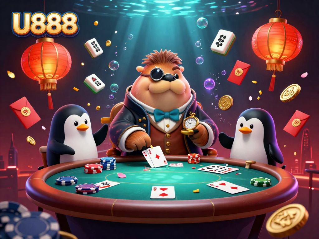 Experience U888's thrilling poker night with a jolly walrus and sophisticated dealer.