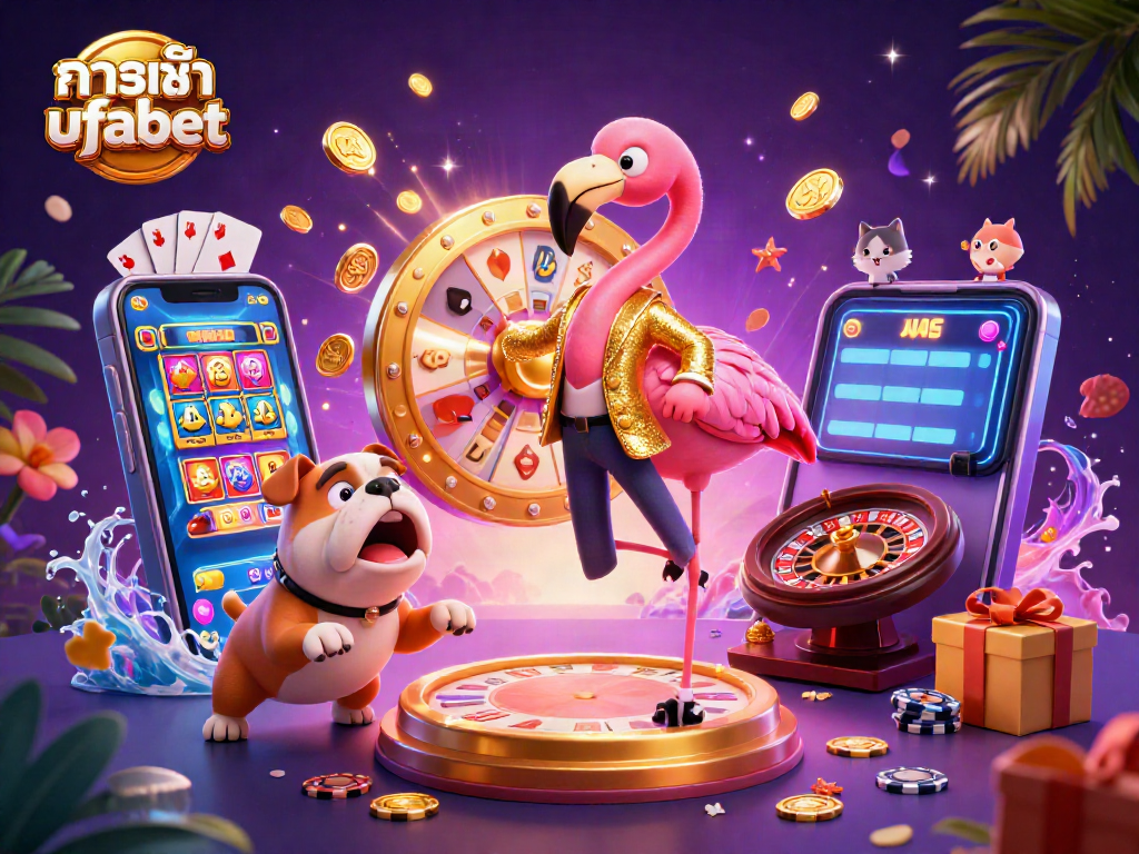 Experience winning chances with ทางเข้า ufabet as a colorful game show scene featuring animated characters and casino elements.