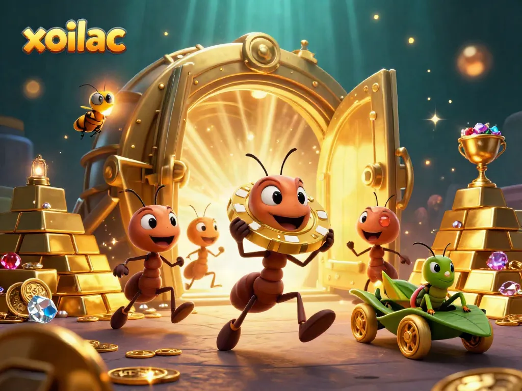 Engage with xoilac in a vibrant scene of whimsical ants, poker chips, and treasure elements.
