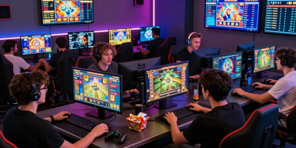Exciting gaming atmosphere with players experiencing bro138's slot games, vibrant screen graphics illuminating faces.