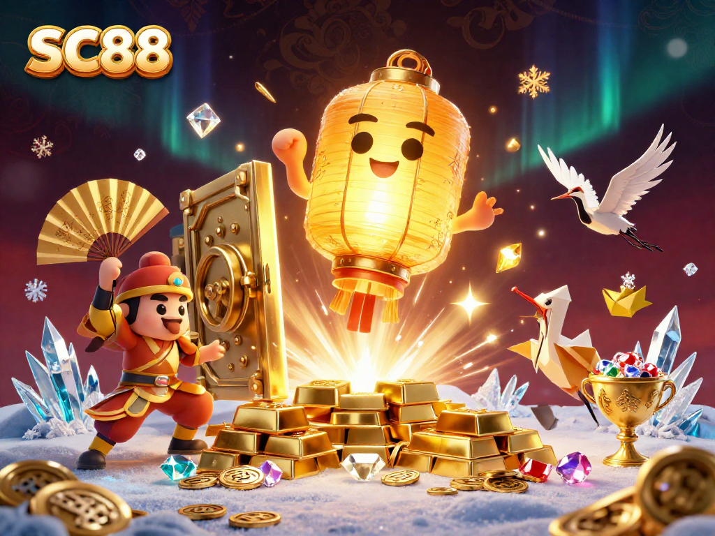 Engage with SC88's vibrant online casino atmosphere featuring a glowing lantern spirit and treasure effects.