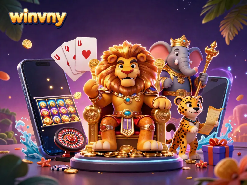 Winvny players enjoying a vibrant 3D casino adventure with lion king and tropical themes.