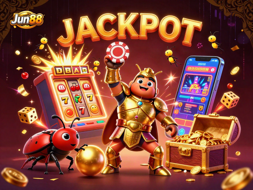 Celebrate big wins with Jun88's colorful 3D jackpot scene featuring a heroic beetle and casino elements.