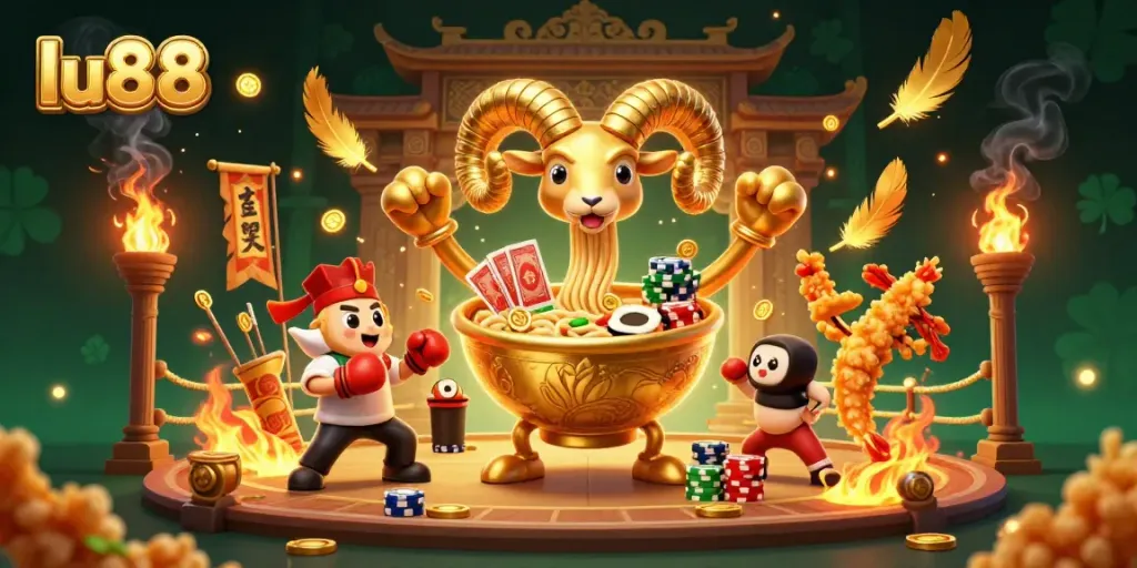 LU88 promotional illustration showcasing a giant ramen bowl character dealing cards, enhancing the casino excitement.