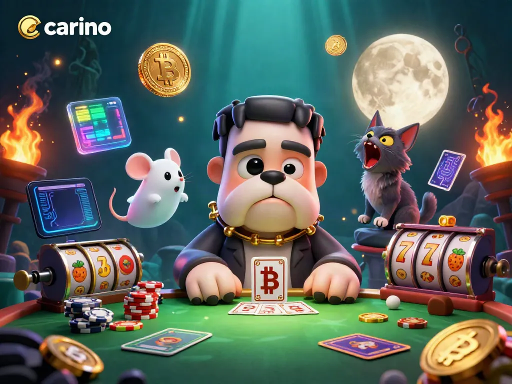 Carino-themed casino scene featuring a Frankenstein bulldog dealing cards, with glowing crypto elements.