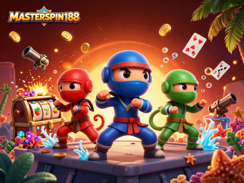 Experience big wins with MASTERSPIN188 in this vibrant casino adventure illustration.