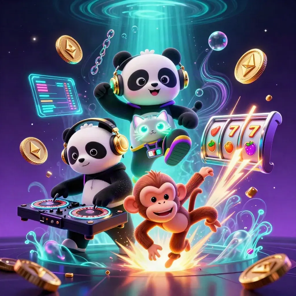 3D panda DJ, dancing monkey, and glow-stick kitten amid neon coins, reels, and jackpot energy