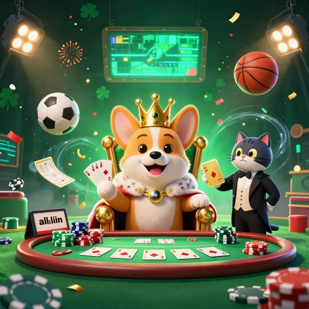 Royal corgi and cat butler amid chips, cards, soccer ball, fireworks, and casino glam.