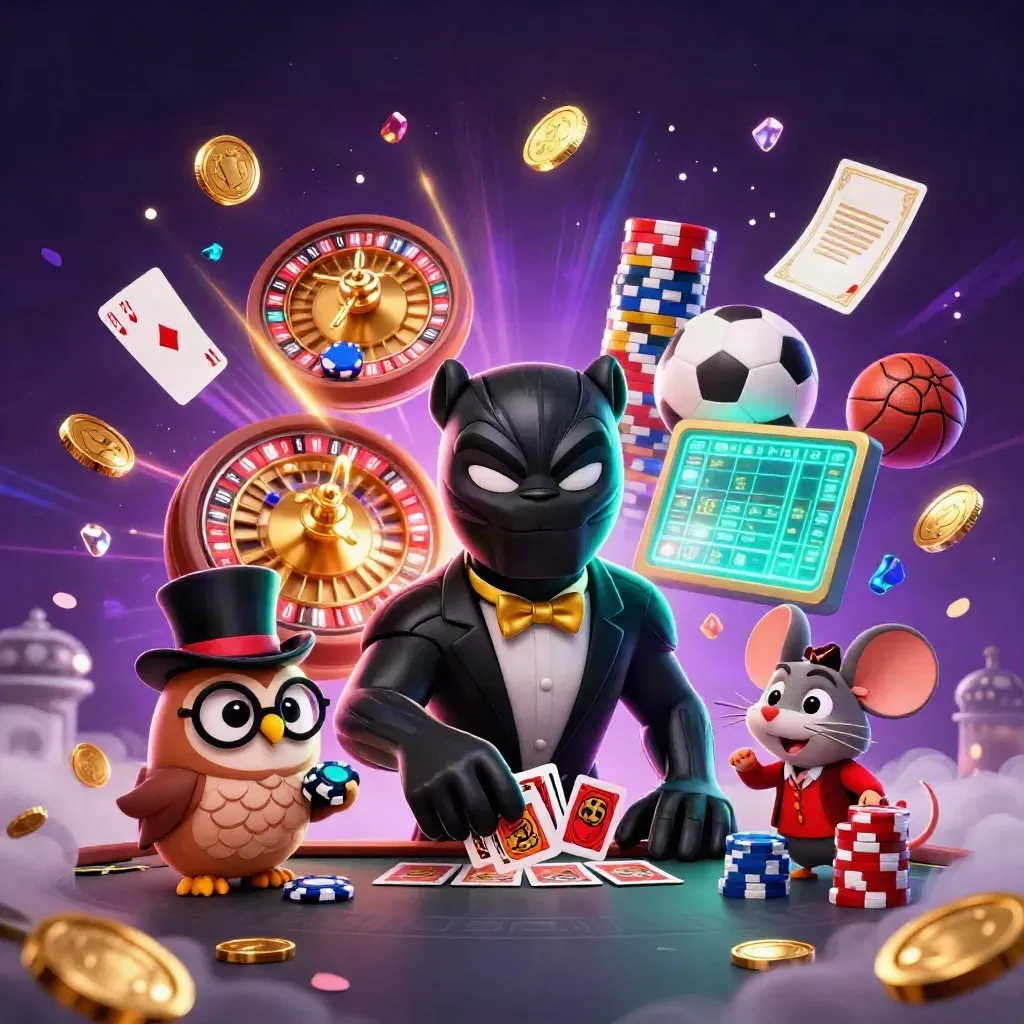 Panther, owl, and mouse amid flying chips, cards, coins, and a spinning roulette wheel.