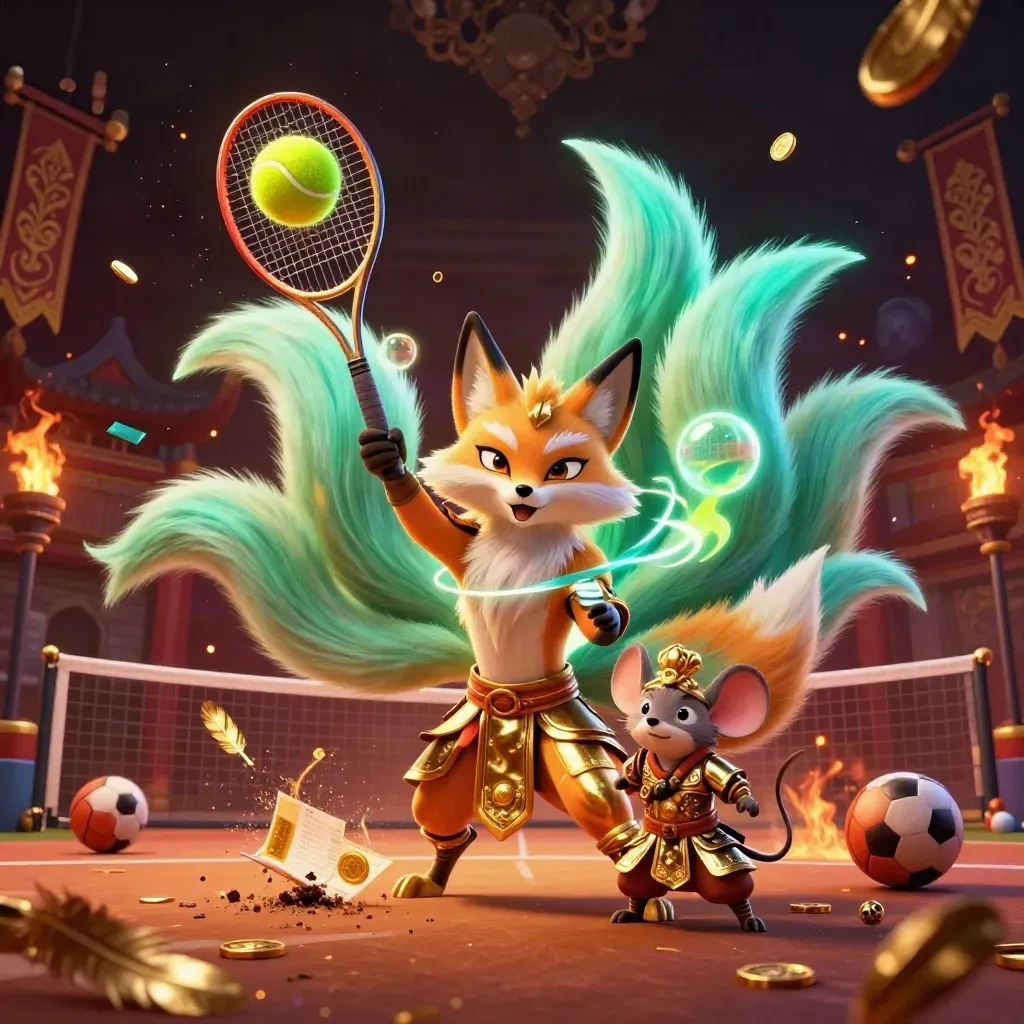 Neon fox spirit and armored mouse amid a tennis burst, coins, banners, and torchlight.