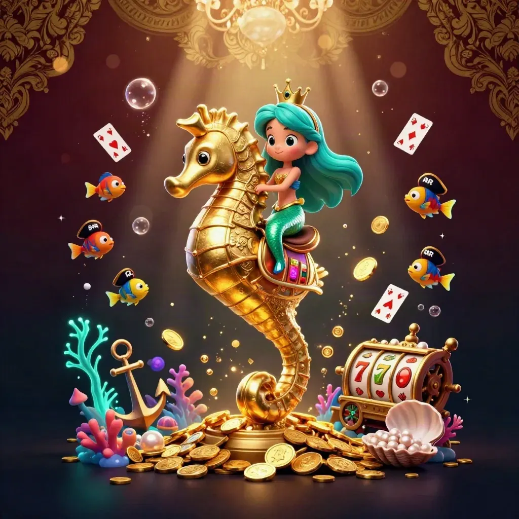 Mermaid princess on golden seahorse in treasure cove with fish pirates, reels, coral, and jackpot glow.