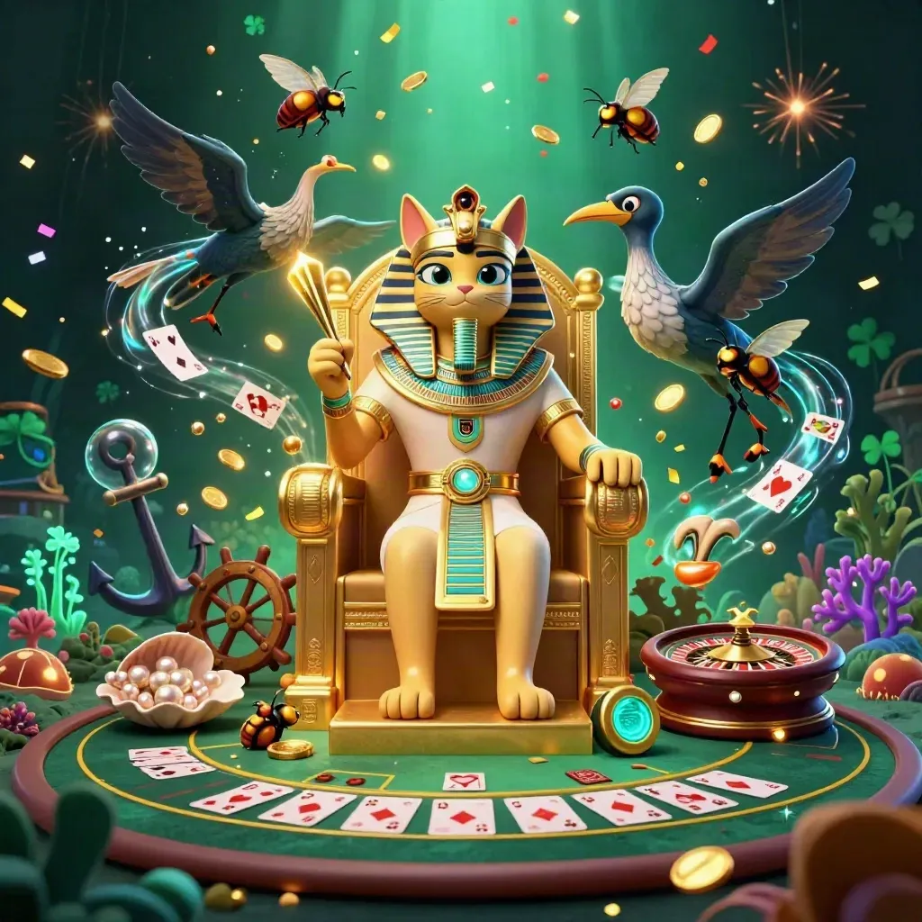 Pharaoh cat, ibis scribe, and gem-winged scarabs amid coins, coral, and casino glam.