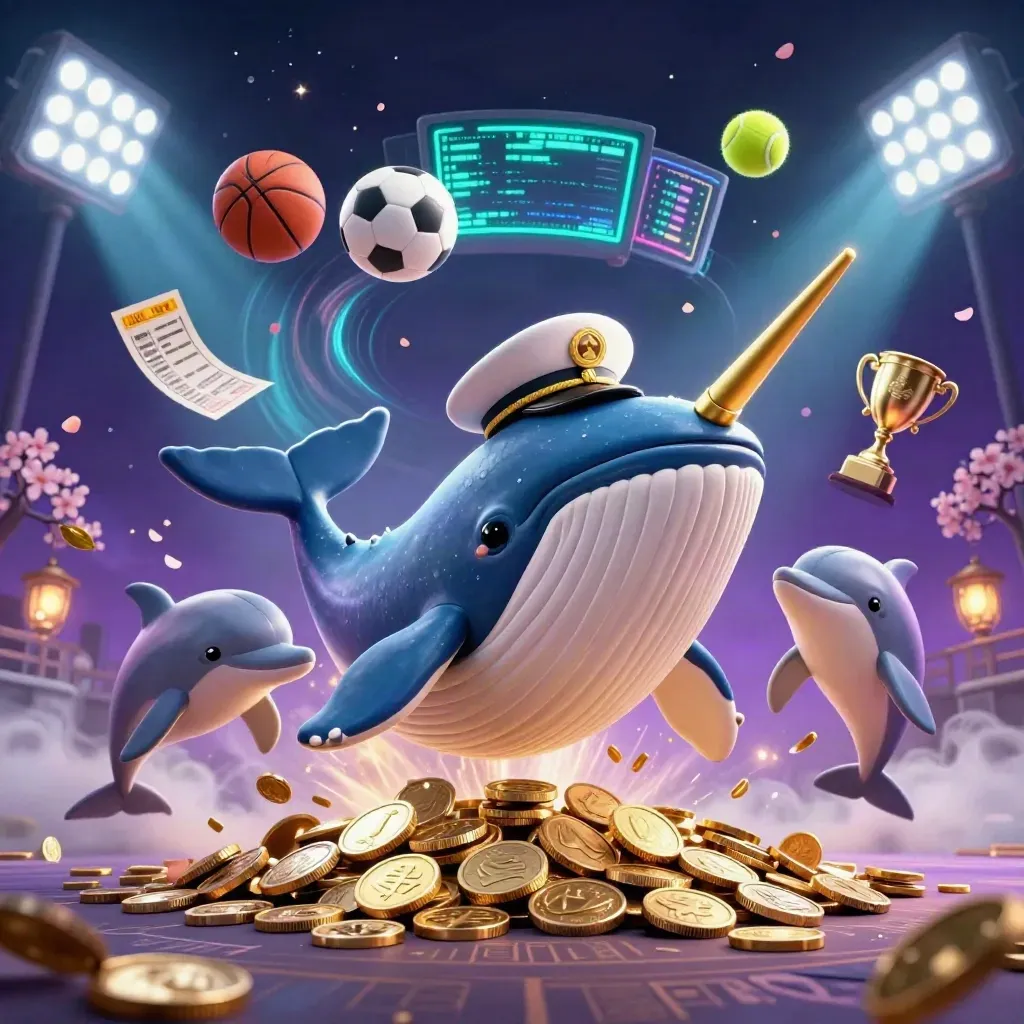 Whale captain, narwhal, and dolphins amid flying sports balls, coins, and gold casino lights.