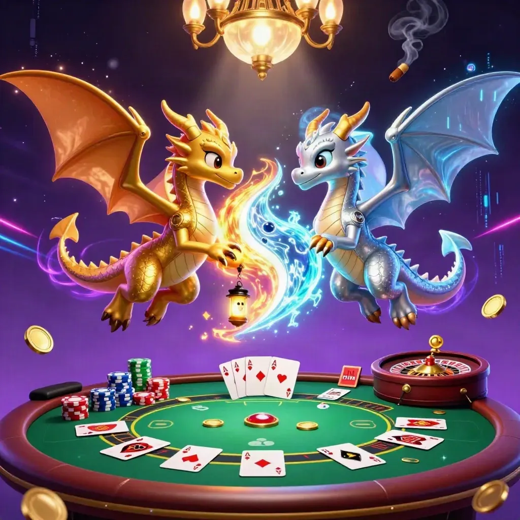 Gold and silver dragons spiral in neon casino glamour above cards, chips, and a glowing wheel.