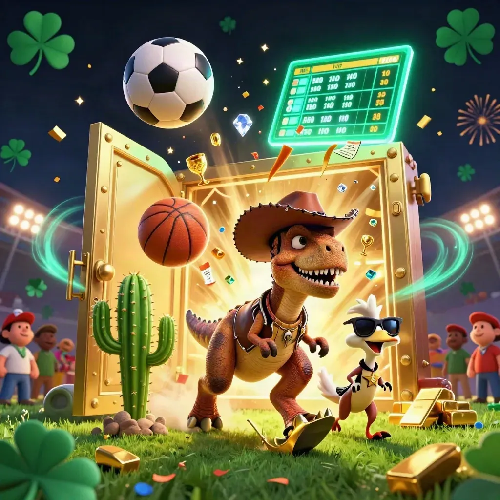 Cowboy T-Rex, cactus, and roadrunner amid gold, gems, and a bursting treasure vault