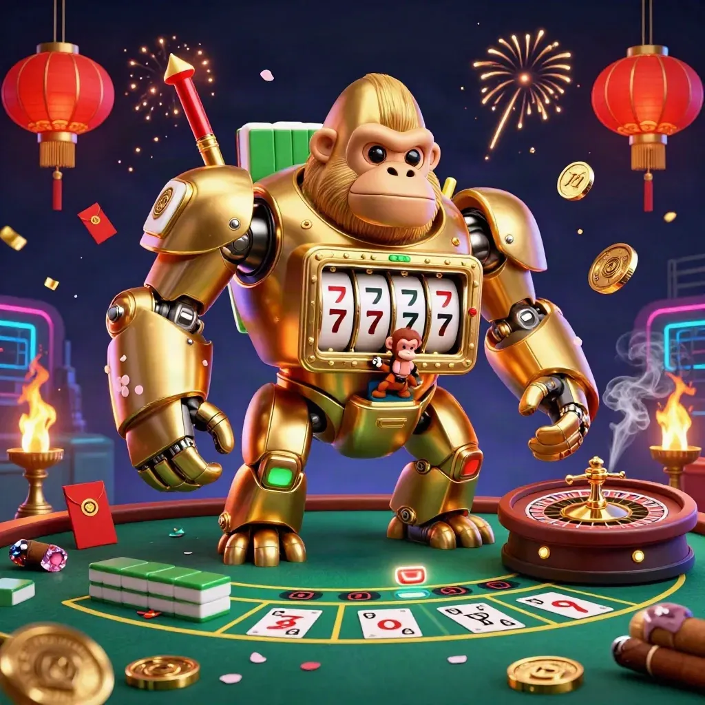 Golden gorilla mech with monkey pilot amid lanterns, jade coins, roulette spin, and casino lights.
