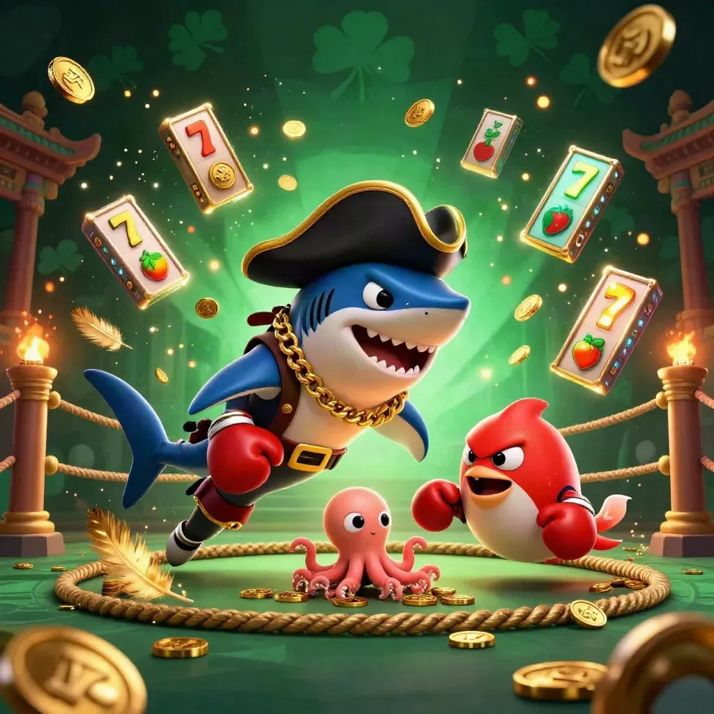 Pirate shark, boxing pufferfish, and juggling octopus in a glowing casino fantasy ring