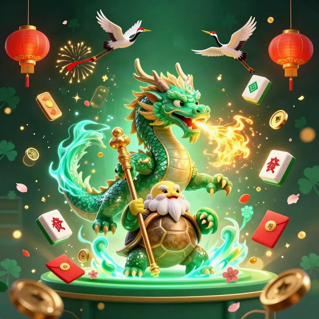 Emerald dragon, turtle sage, and cranes amid gold fire, jade coins, lanterns, and casino sparkle.