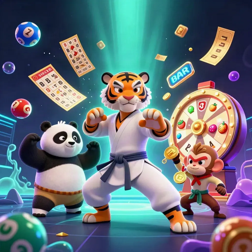Tiger, panda and monkey in a neon-teal casino rush with lottery balls, prize wheel and gold confetti.
