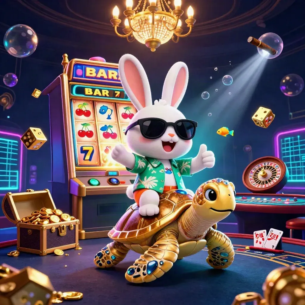 Lucky rabbit rides a gold turtle amid slot symbols, treasure, and neon casino glow.