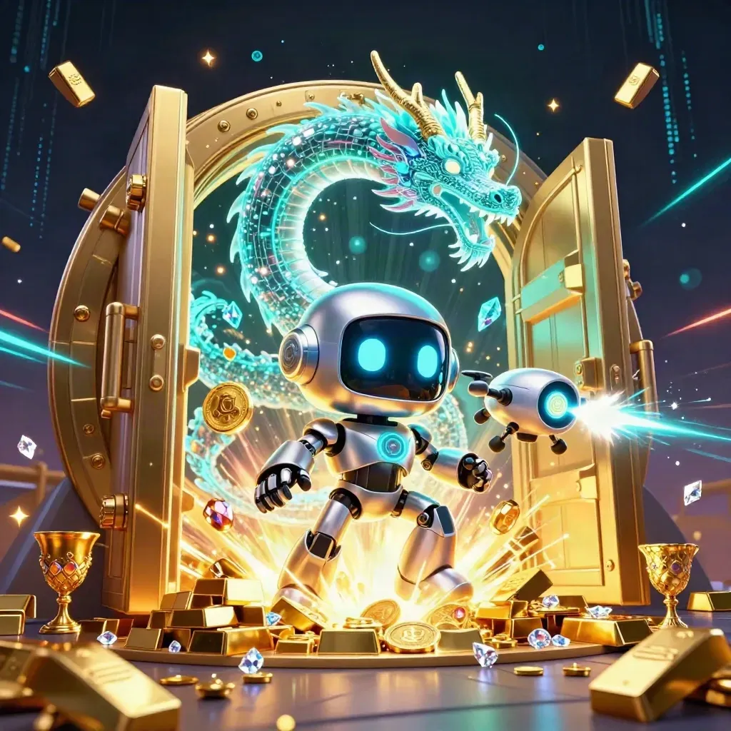 Cyberpunk robot, holographic dragon, and drone bursting treasure from a glowing vault
