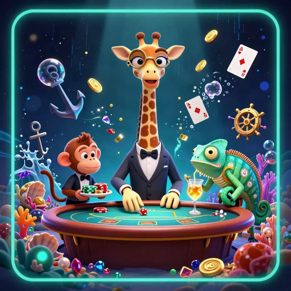 Three casino animals amid glowing treasure, coins, coral, bubbles, and teal energy underwater.