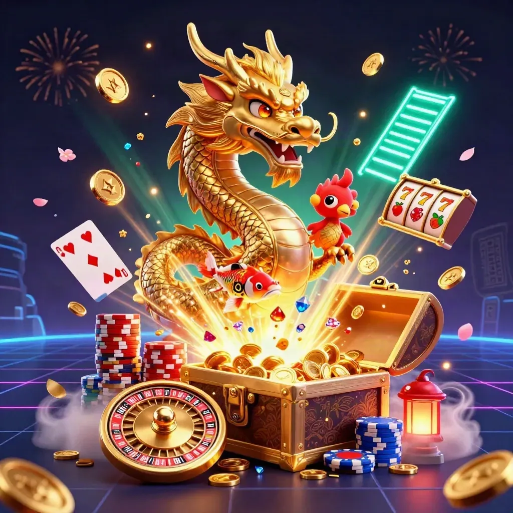 Golden dragon, phoenix and koi burst with casino treasures in a neon jackpot scene.