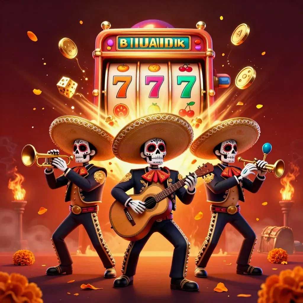 Day-of-the-Dead mariachi skeletons with exploding slot machine, gold coins, and jackpot glow.