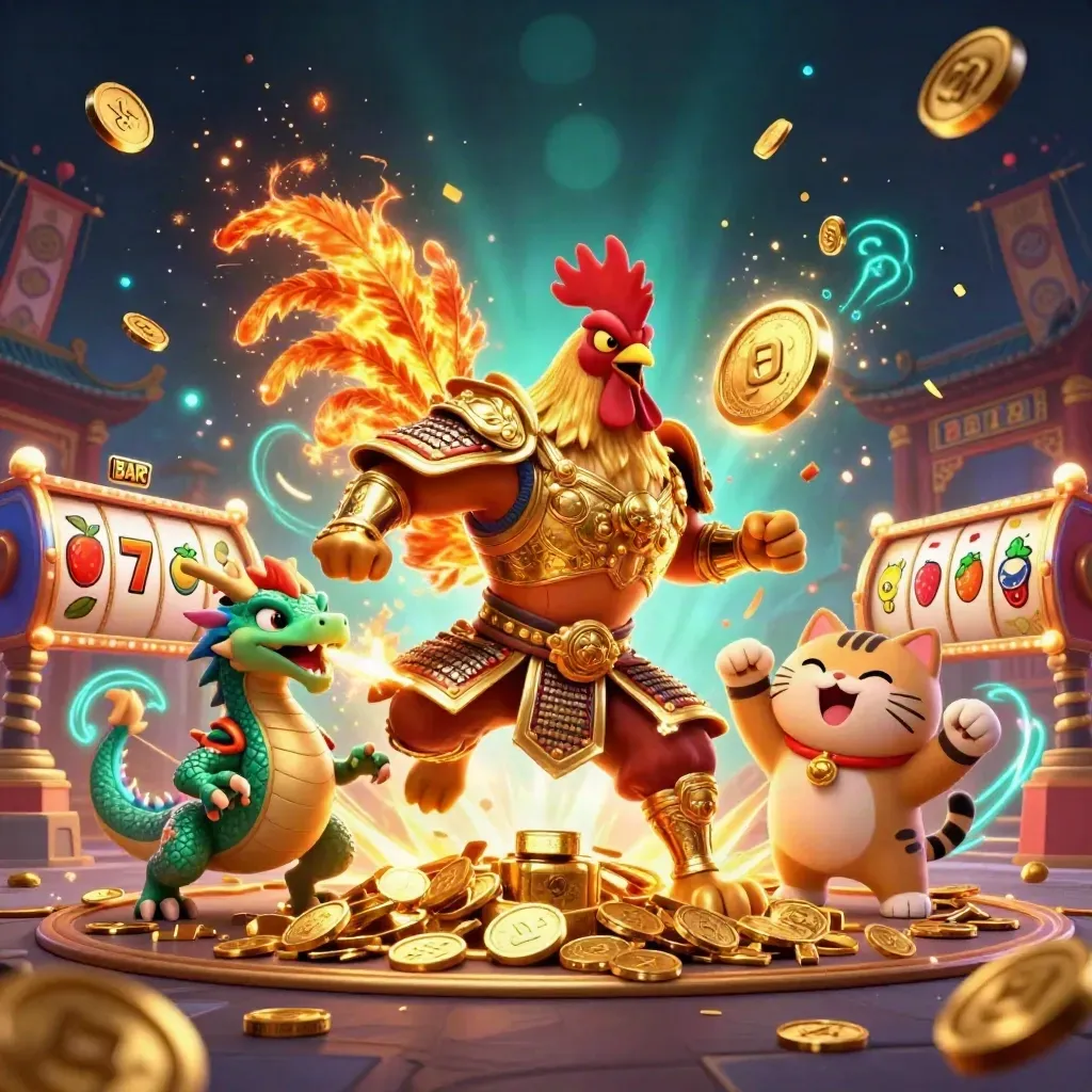 Rooster warrior, spark-breathing dragon hatchling, and fortune cat amid coins, reels, and fireworks.