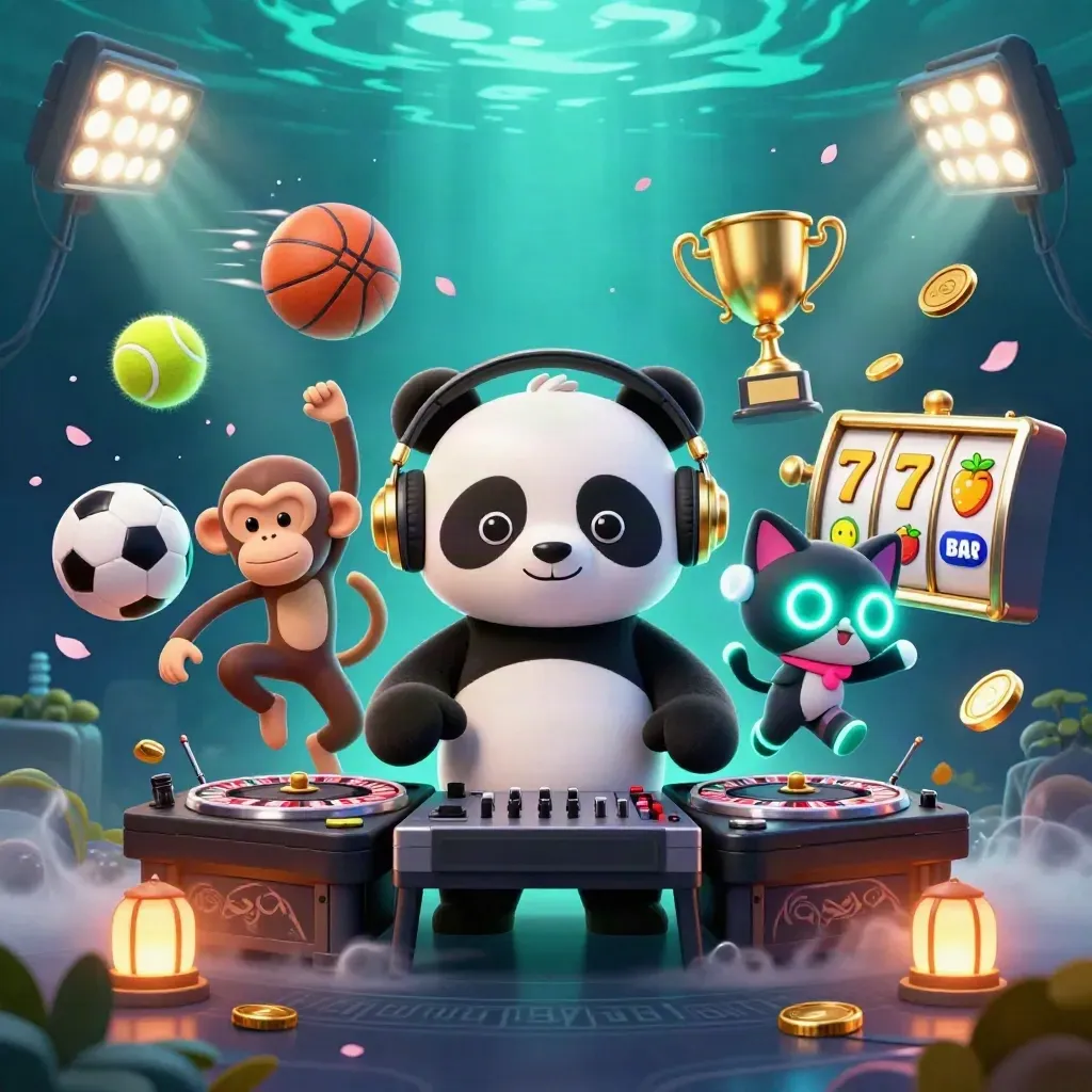 Panda DJ, dancing monkey, and glow-stick kitten amid casino balls, coins, reels, and teal-gold light.