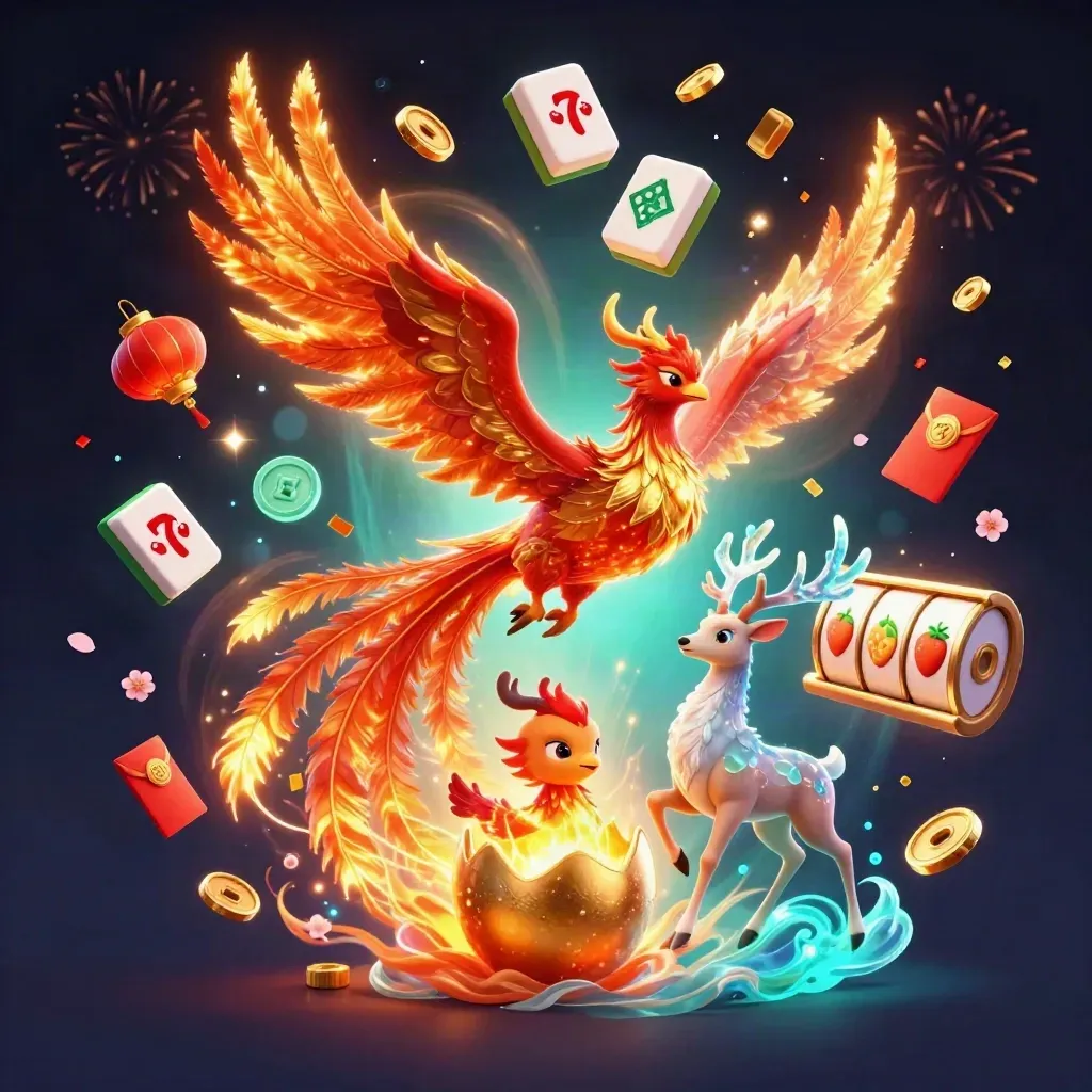 Phoenix, stag, and hatchling amid gold coins, lanterns, jade tiles, and fireworks on midnight navy.