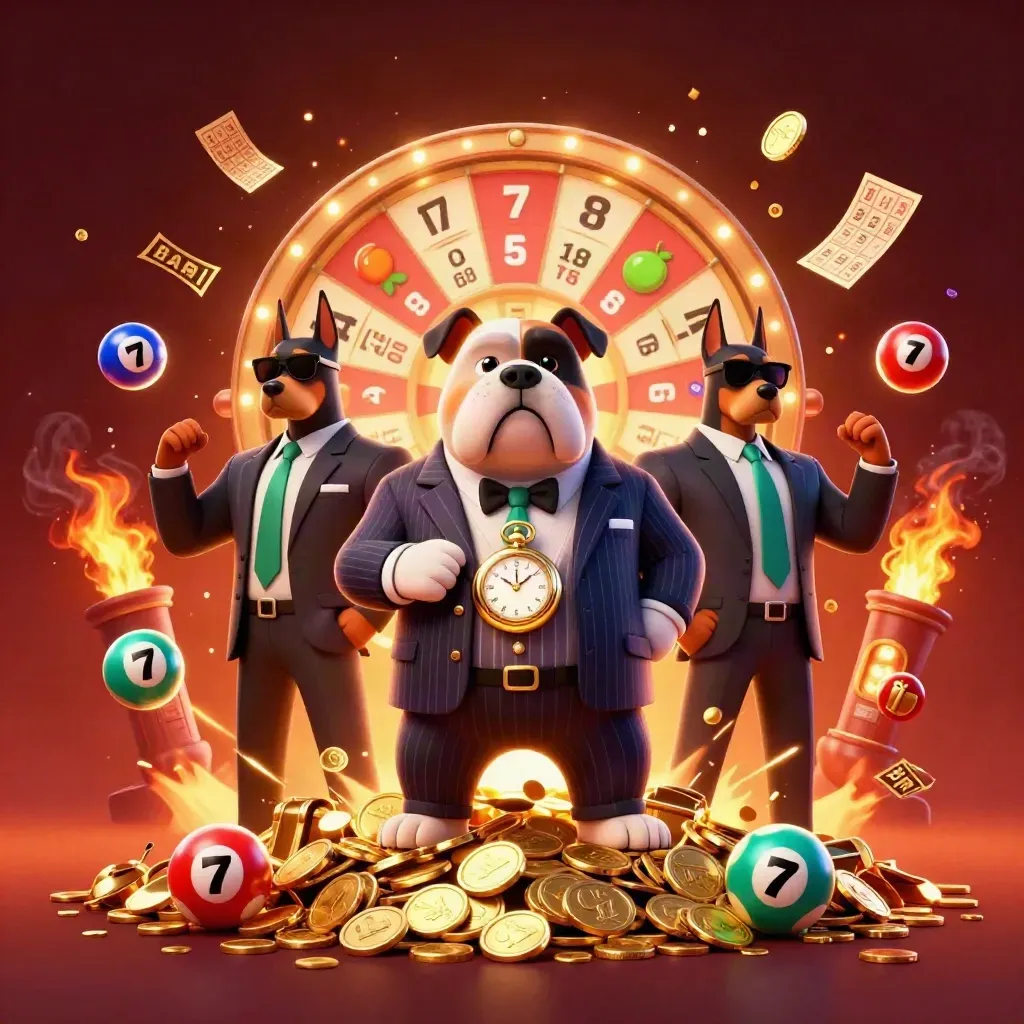 Mobster bulldog with two Dobermans amid coins, lottery balls, reels, fireworks and jackpots