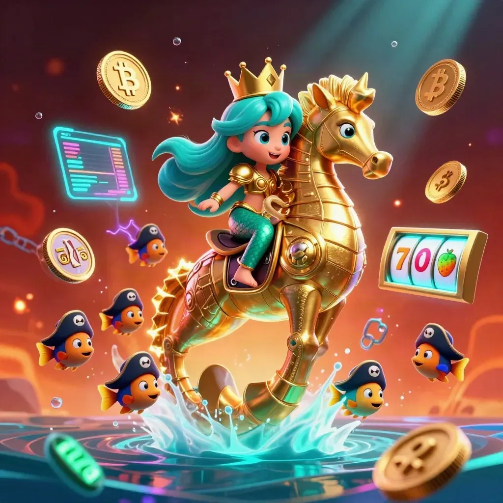 Mermaid princess on armored seahorse with pirate fish, jackpot coins, and neon casino effects.