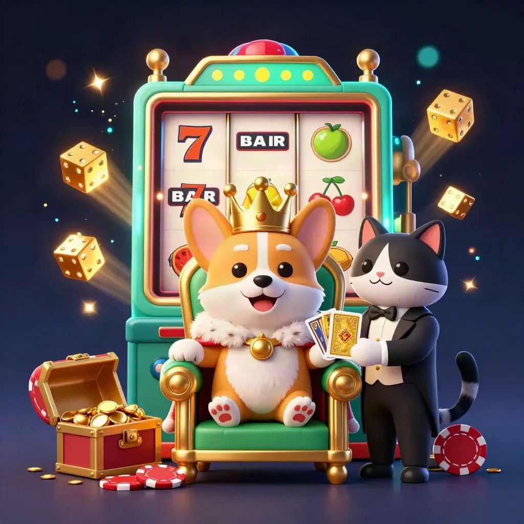 Royal corgi and cat butler amid exploding slot reels, gold, dice, and jackpots