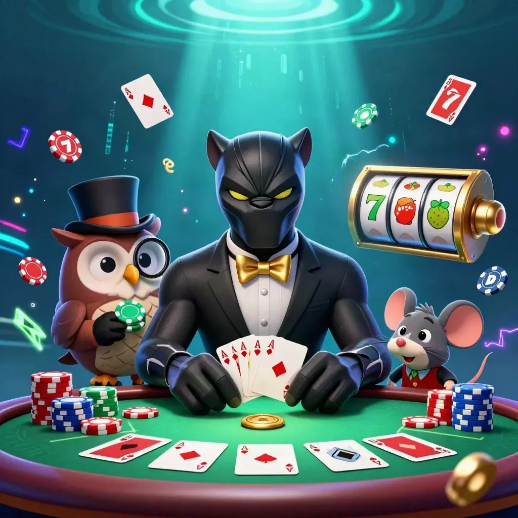 Panther, owl, and mouse poker trio amid chips, cards, slot reels, and neon casino glow