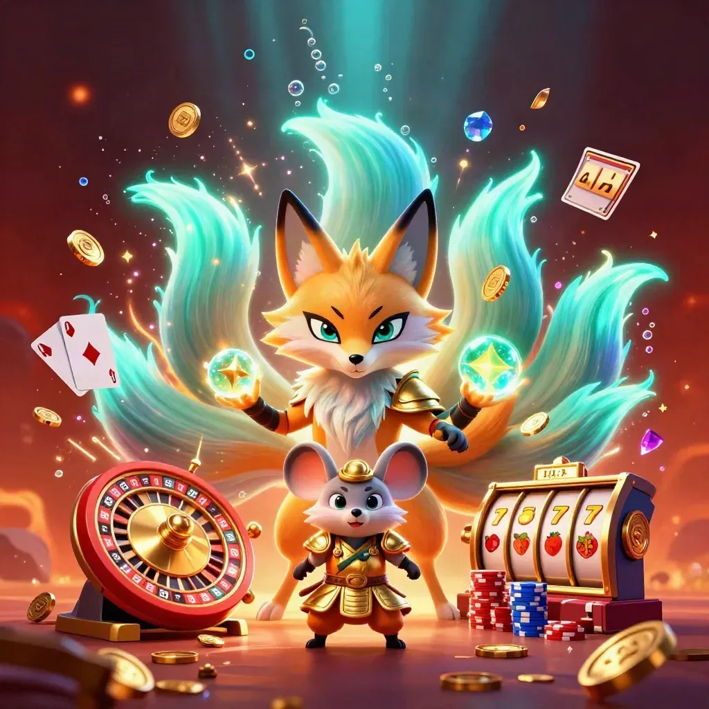 Nine-tailed fox spirit with a golden samurai mouse amid casino coins, chips, reels and glowing gems