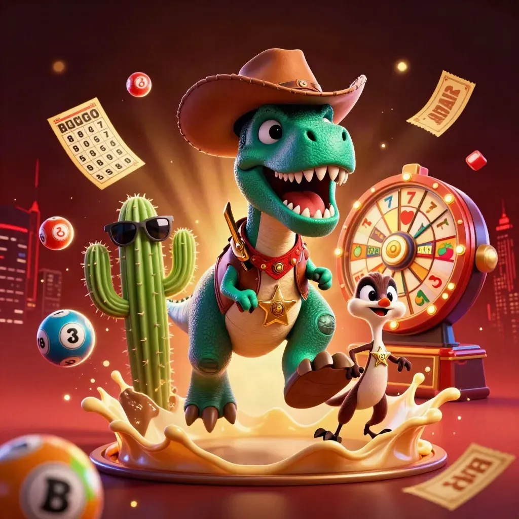 Cowboy T-Rex, cactus sidekick, and sheriff roadrunner amid jackpot casino effects