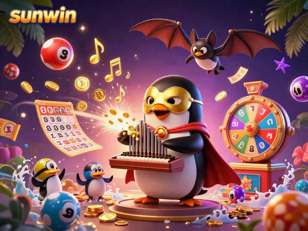 Experience the thrill of sunwin with a penguin in a casino setting, celebrating wins with golden coins raining down.