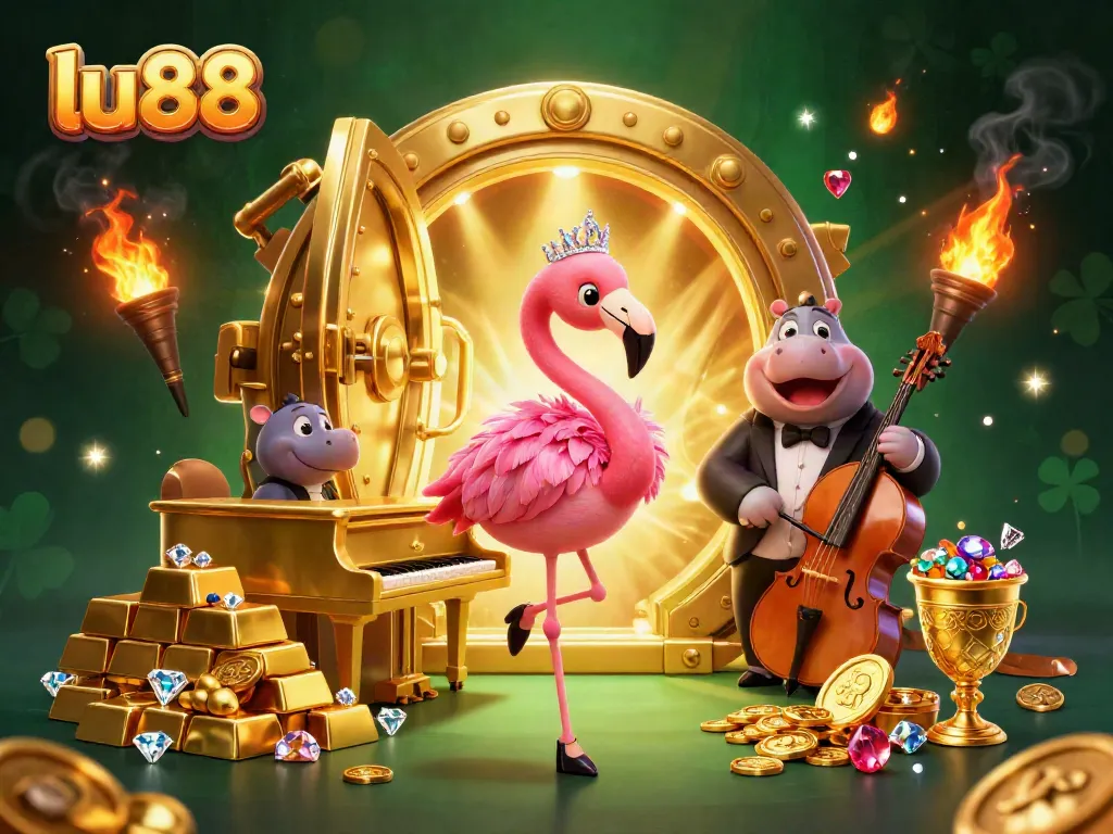 Experience thrilling gaming action with lu88, featuring a vibrant casino scene of lively characters and treasure elements.