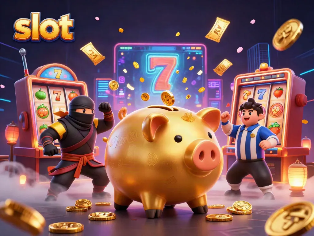 Exciting slot-themed action scene featuring a golden piggy bank sumo wrestler, vibrant game elements, and energetic characters.