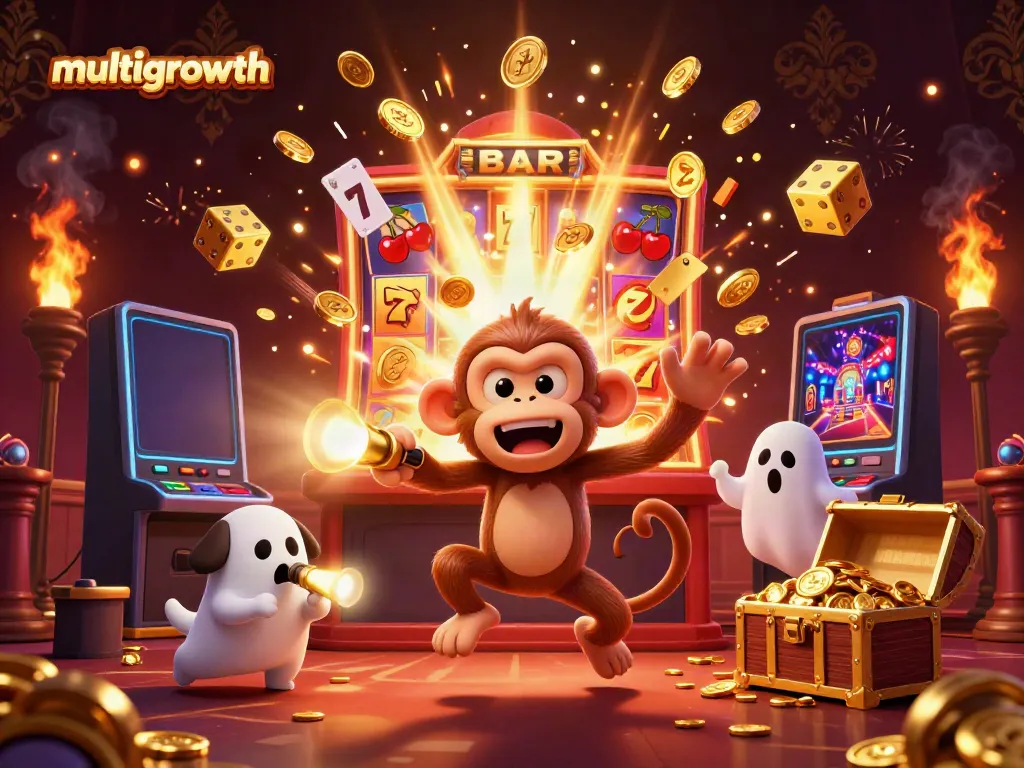 Experience multigrowth with a playful poltergeist monkey in a vibrant casino scene.