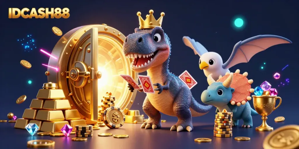 Win with IDCASH88 as a cartoon T-Rex and friends shuffle cards and stacks of chips in a treasure-filled casino.