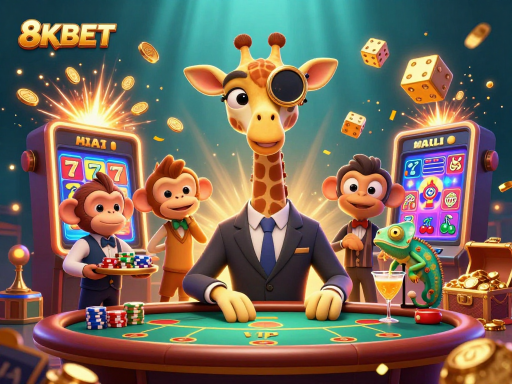 Bet and win at 8KBET with a thrilling scene featuring a giraffe, monkey, and chameleon.